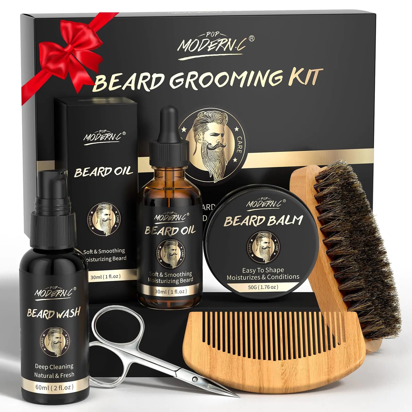 POP MODERN.C Beard Growth & Grooming Set - 6-Piece Gift Kit for Men