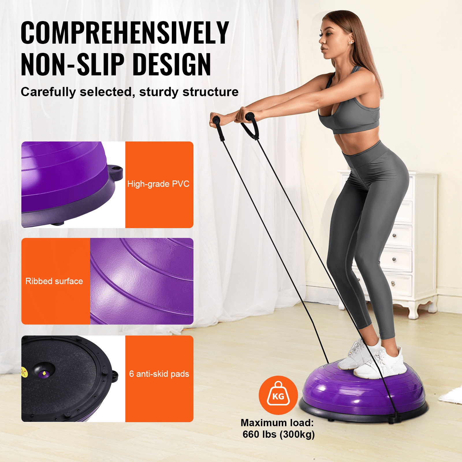 Half Exercise Ball with Resistance Bands – 23 - Inch Stability Trainer, 660lb Capacity, Purple - GNS Beauty & Personal Care