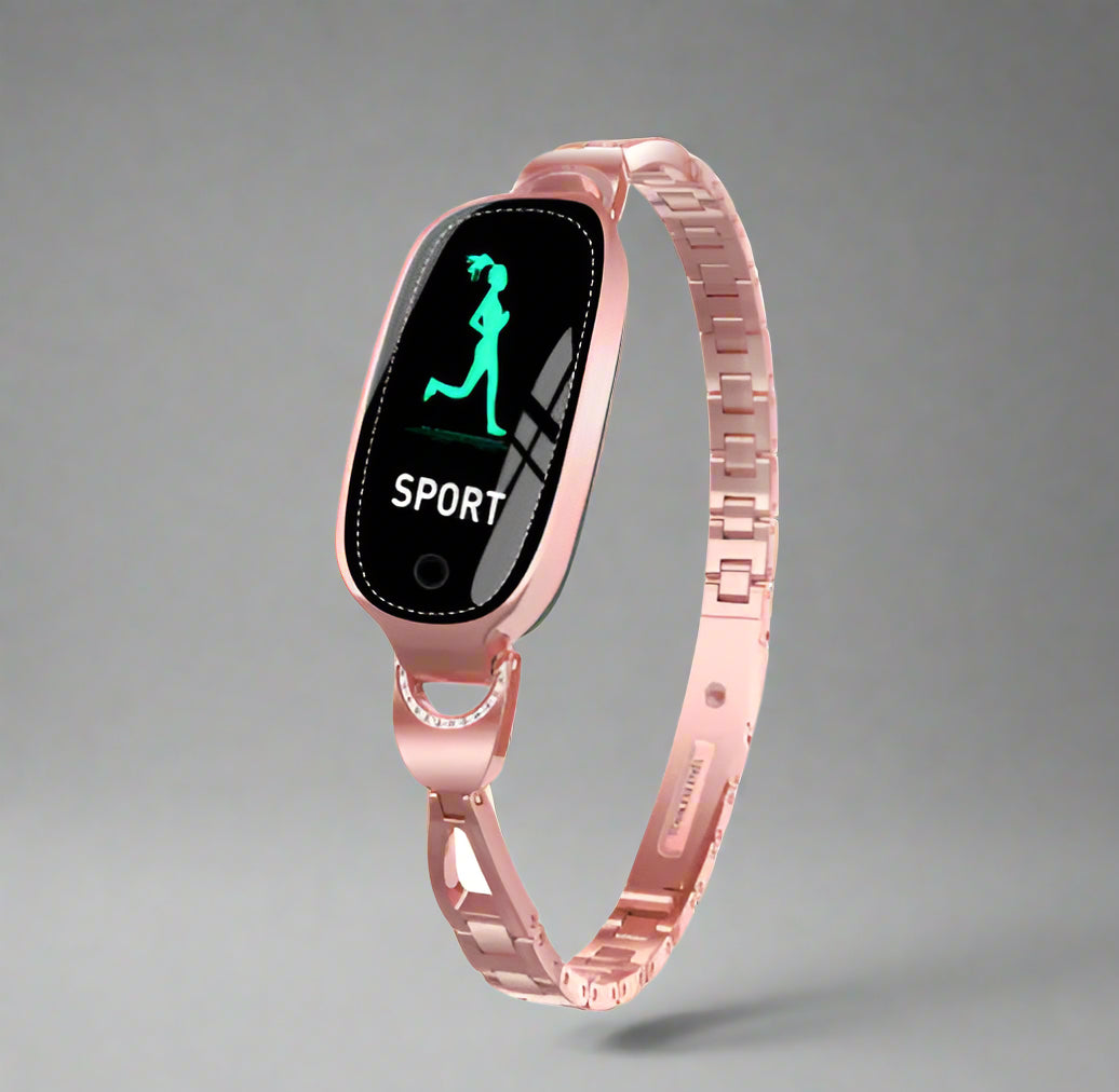 A rose gold-colored women's fashion sports bracelet with a touchscreen display showing a running silhouette and the word 'SPORT'.