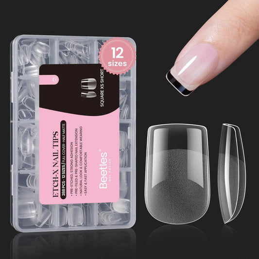 Beetles Extra Short Gel Nail Tips, 288 pcs in 12 Sizes - Half Matte Square