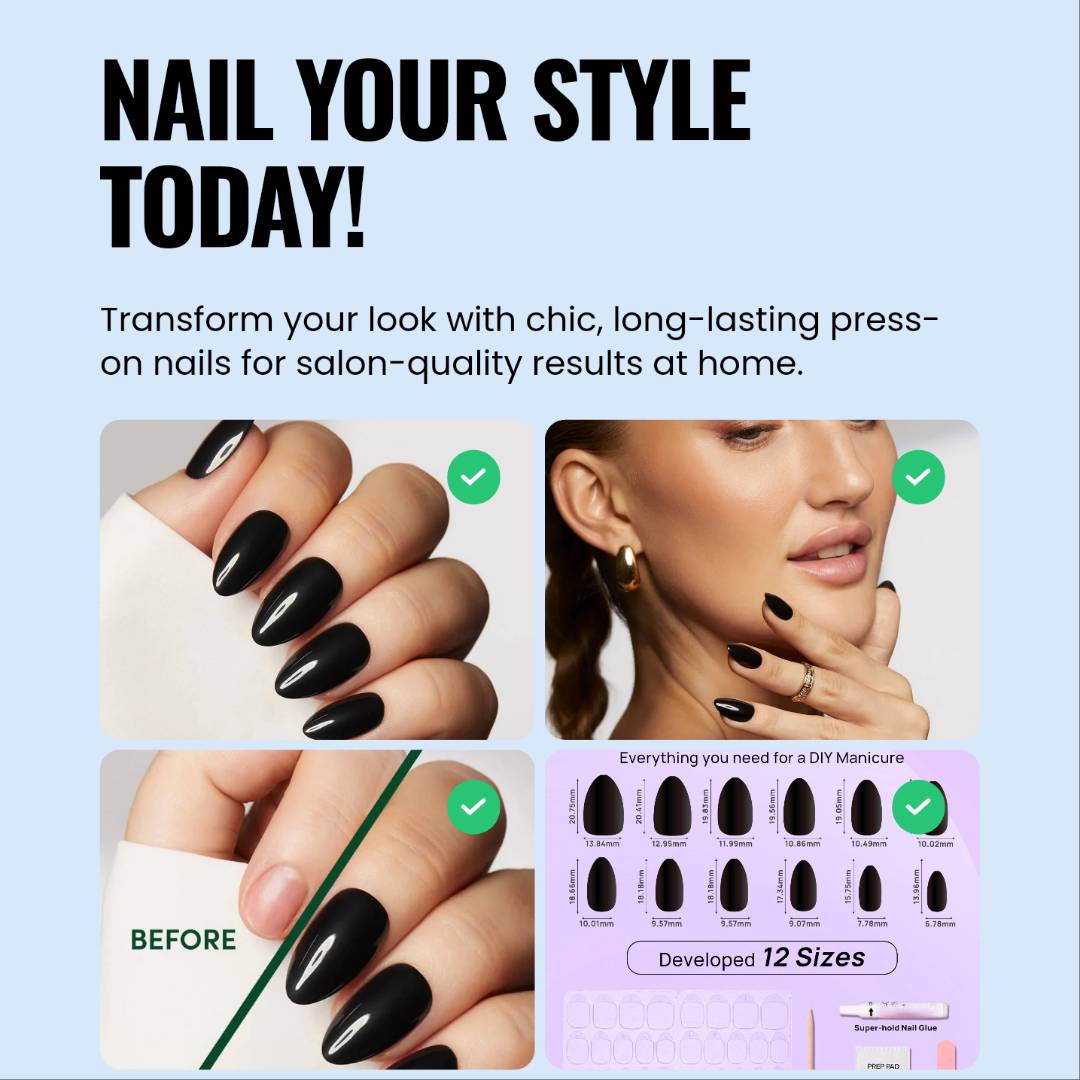 Nail Pop Studio Black Almond Press - On Nails - Long - Lasting & Reusable Kit - GNS Beauty & Personal Care