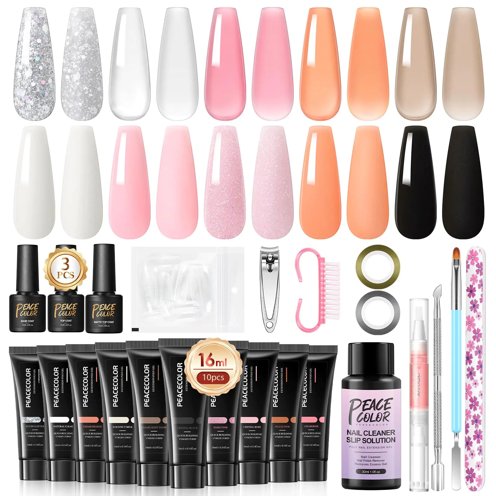 Peacecolor Poly Nail Gel Kit – 10 Shades + Matte/Glossy Top Coats | DIY Nail Art Starter Set - GNS Beauty & Personal Care