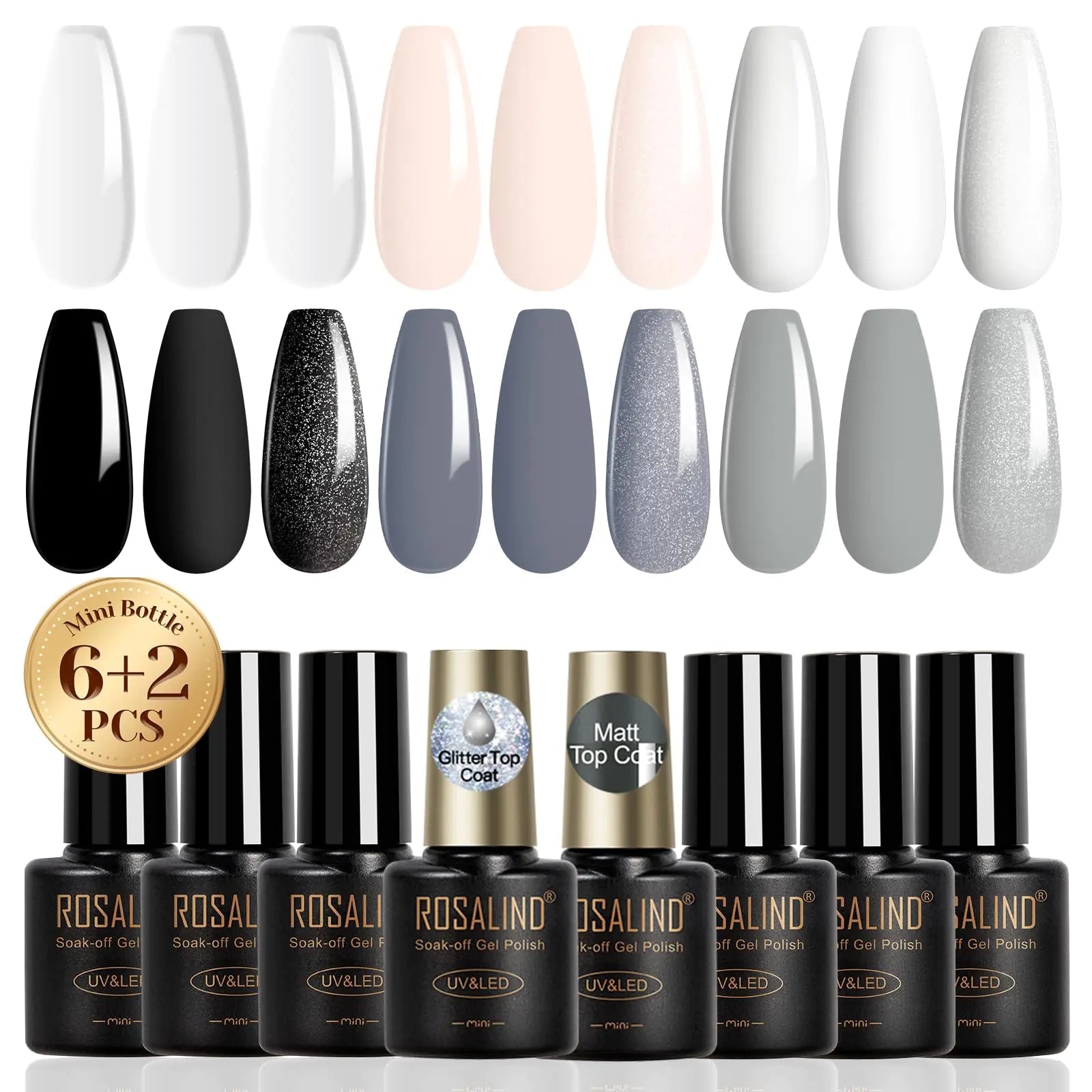 ROSALIND White &amp; Black Gel Nail Polish Set with Matte and Glitter Top Coat (8 PCS) - GNS Beauty & Personal Care