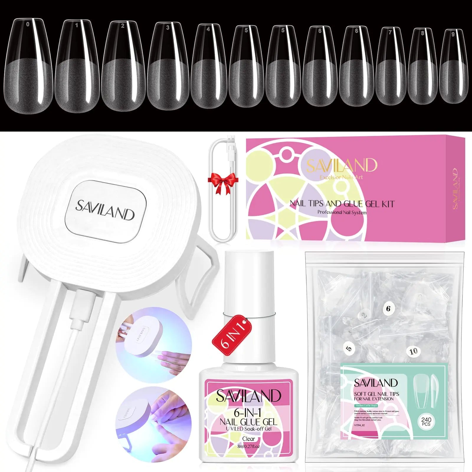 Saviland Gel X Nail Kit – 240PCS Nail Extension Set with UV Lamp & 6 - in - 1 Glue Gel - GNS Beauty & Personal Care