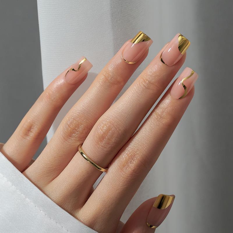 Short Square Press On Nails Golden Nude Gel Kit - GNS Beauty & Personal Care