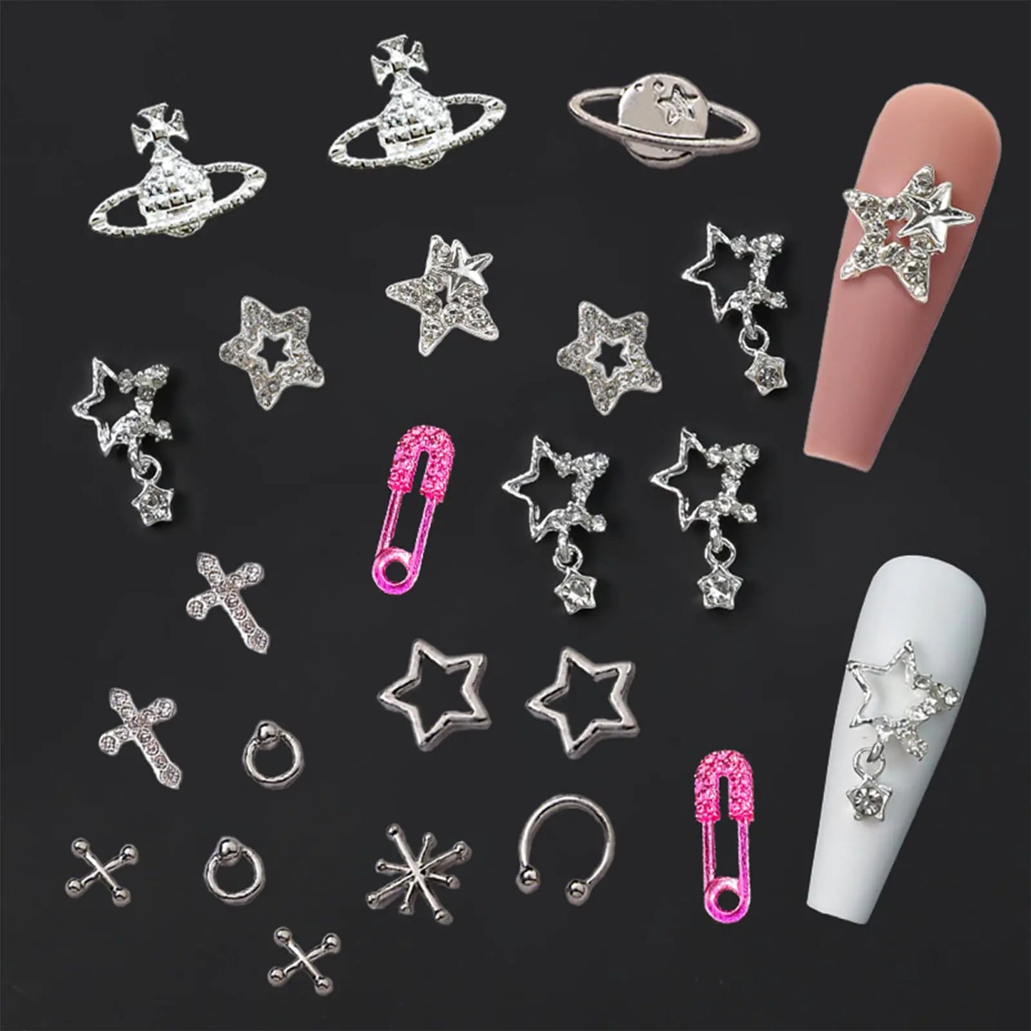 134PCS Acrylic Nail Charms - Silver Star, Planet & More