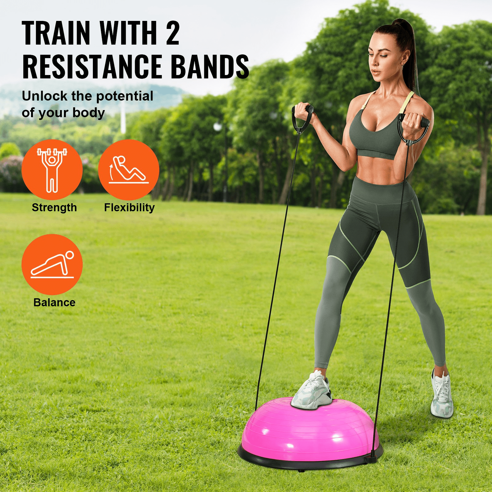 VEVOR Half Exercise Ball Trainer - 23" Balance Ball with Resistance Bands (Pink) - GNS Beauty & Personal Care