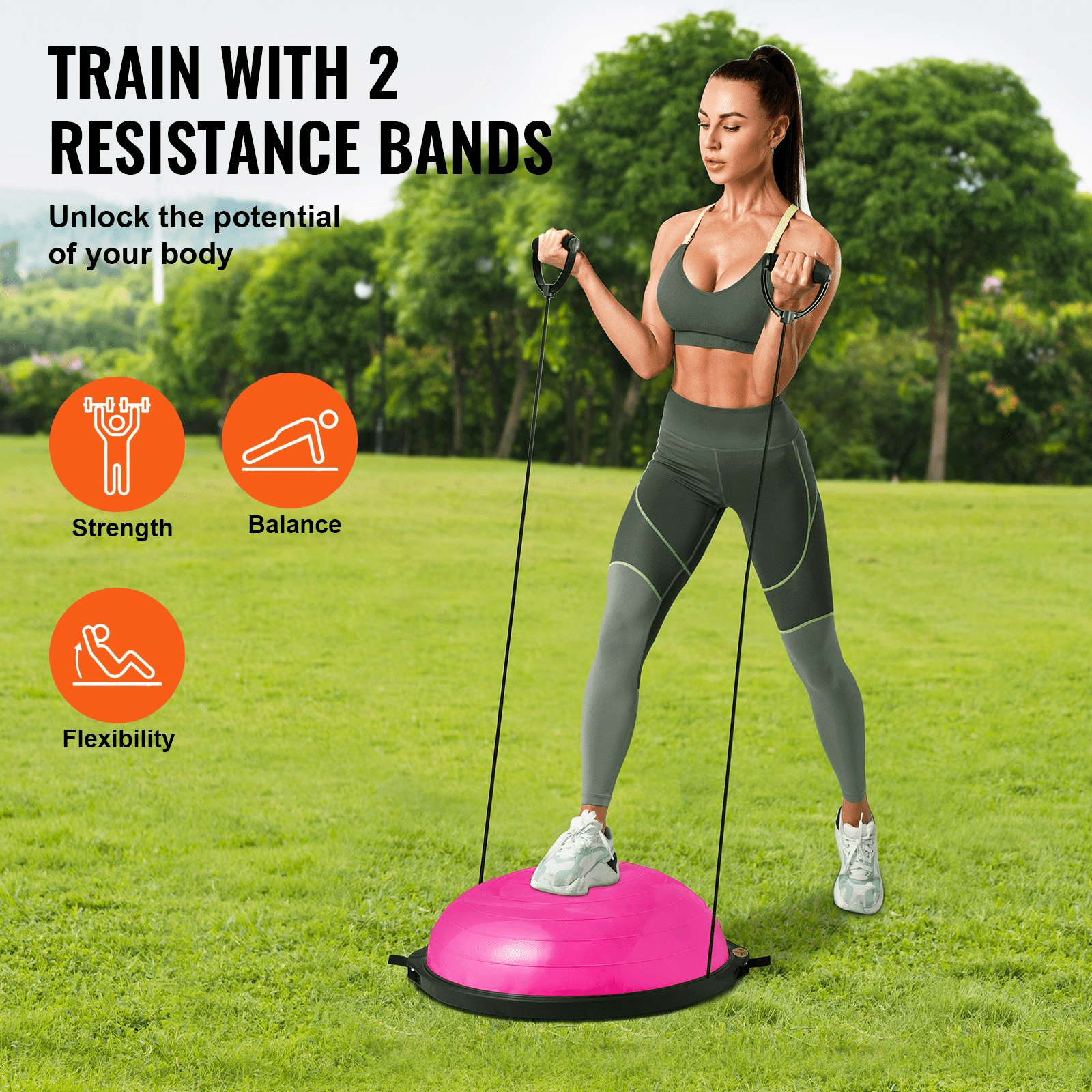 VEVOR Half Exercise Ball Trainer, 26 inch Balance Ball Trainer, 1500lbs Capacity Stability Ball, Yoga Ball with Resistance Bands & Foot Pump, Strength Fitness Ball for Home Gym Full Body Workout, Pink - GNS Beauty & Personal Care