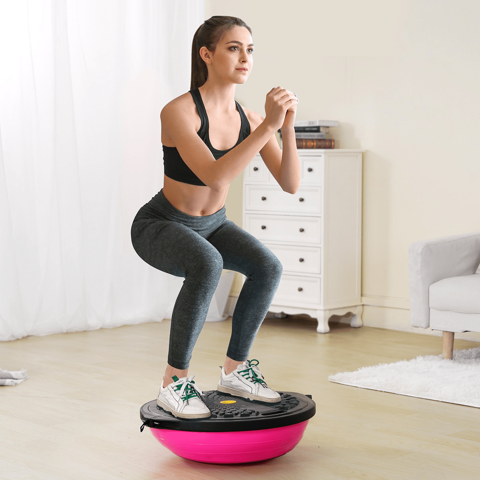 VEVOR Half Exercise Ball Trainer, 26 inch Balance Ball Trainer, 1500lbs Capacity Stability Ball, Yoga Ball with Resistance Bands & Foot Pump, Strength Fitness Ball for Home Gym Full Body Workout, Pink - GNS Beauty & Personal Care