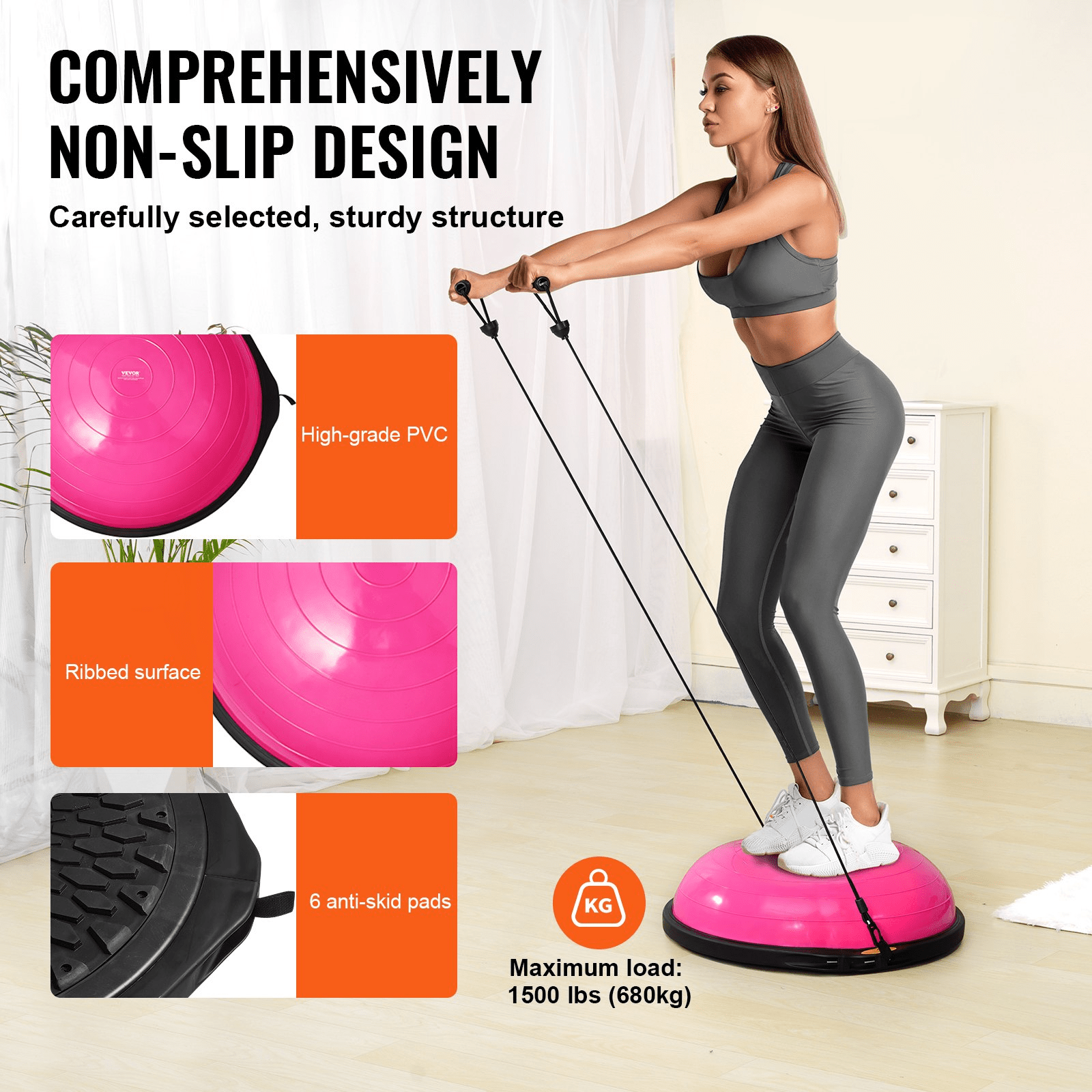 VEVOR Half Exercise Ball Trainer, 26 inch Balance Ball Trainer, 1500lbs Capacity Stability Ball, Yoga Ball with Resistance Bands & Foot Pump, Strength Fitness Ball for Home Gym Full Body Workout, Pink - GNS Beauty & Personal Care