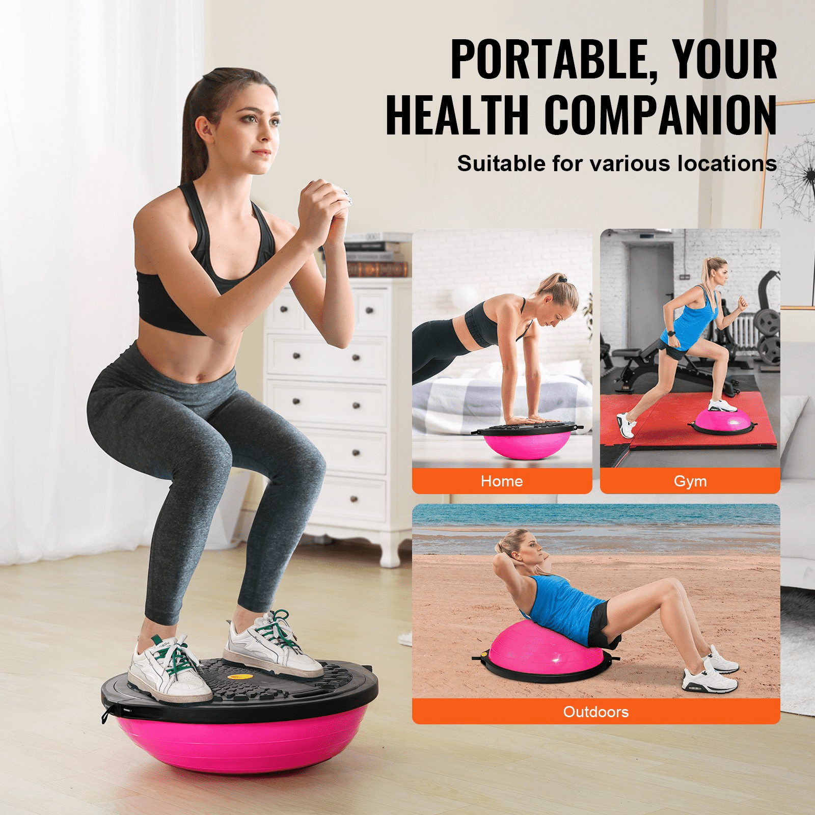 VEVOR Half Exercise Ball Trainer, 26 inch Balance Ball Trainer, 1500lbs Capacity Stability Ball, Yoga Ball with Resistance Bands & Foot Pump, Strength Fitness Ball for Home Gym Full Body Workout, Pink - GNS Beauty & Personal Care