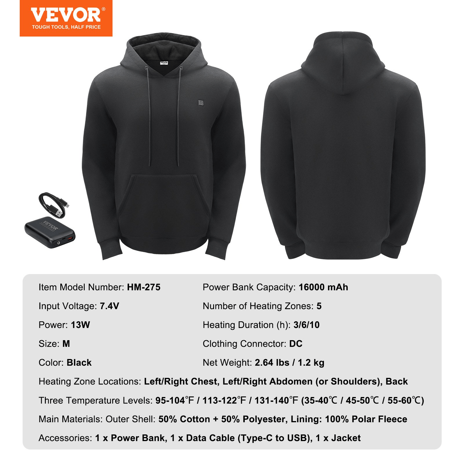VEVOR Heated Hoodie with Battery - Unisex, Black (Medium) - GNS Beauty & Personal Care