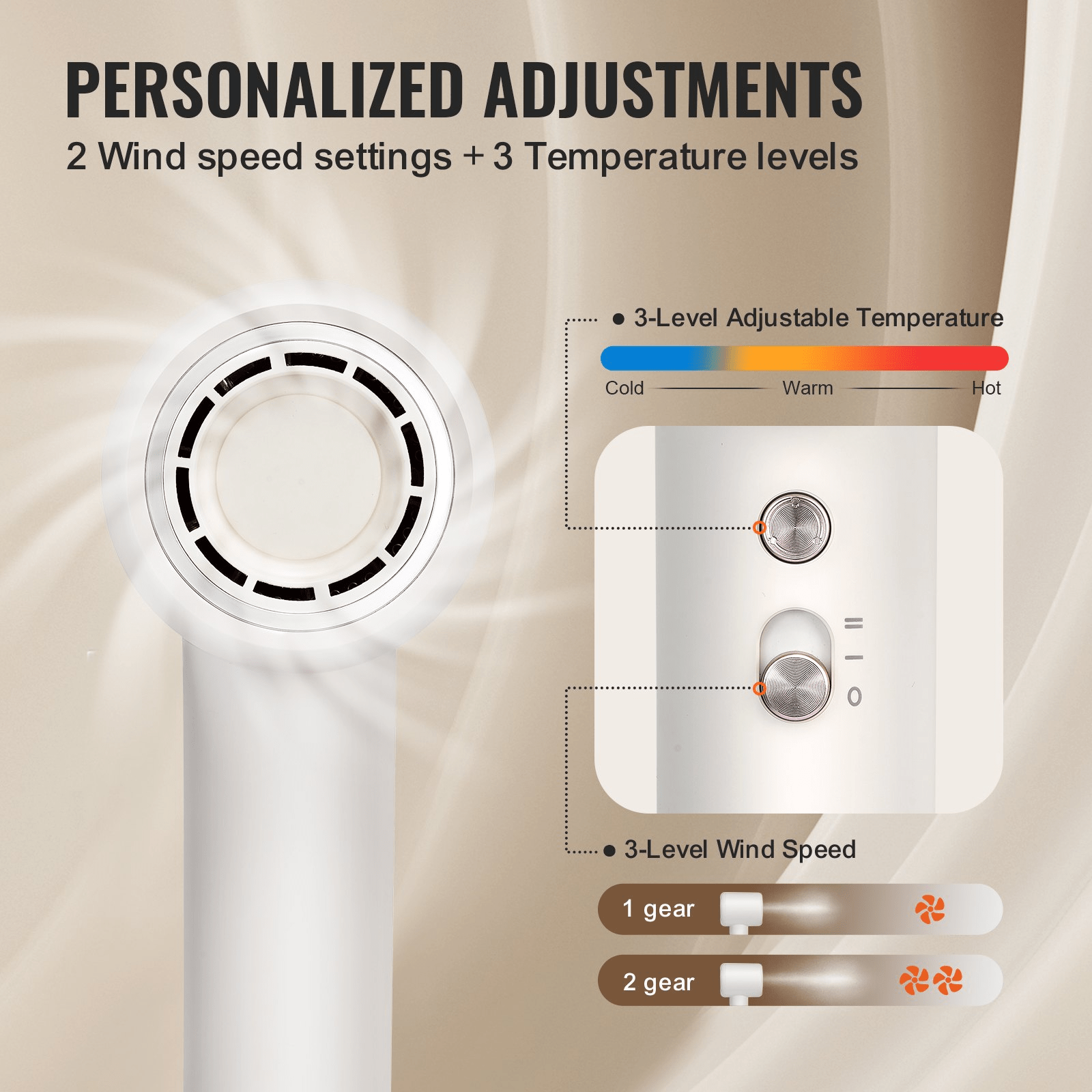 VEVOR High - Speed Hair Dryer with 102,000RPM Brushless Motor, 200 Million Negative Ions Hair Blow Dryer, 3 - Color Temp LED Lights & 2 Speeds, Lightweight Hairdryer with Diffuser & Nozzle for Home Travel - GNS Beauty & Personal Care