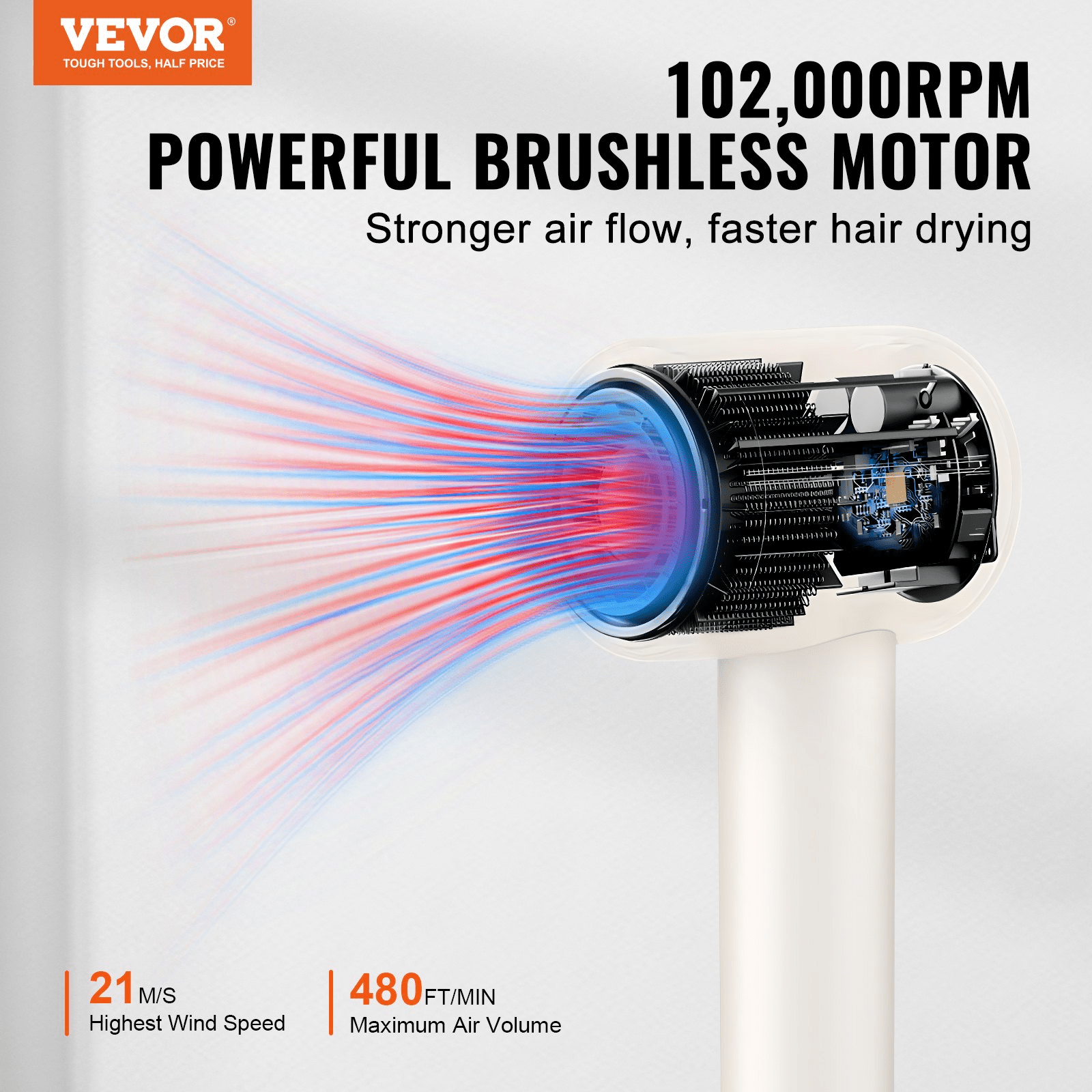 VEVOR High - Speed Hair Dryer with 102,000RPM Brushless Motor, 200 Million Negative Ions Hair Blow Dryer, 3 - Color Temp LED Lights & 2 Speeds, Lightweight Hairdryer with Diffuser & Nozzle for Home Travel - GNS Beauty & Personal Care