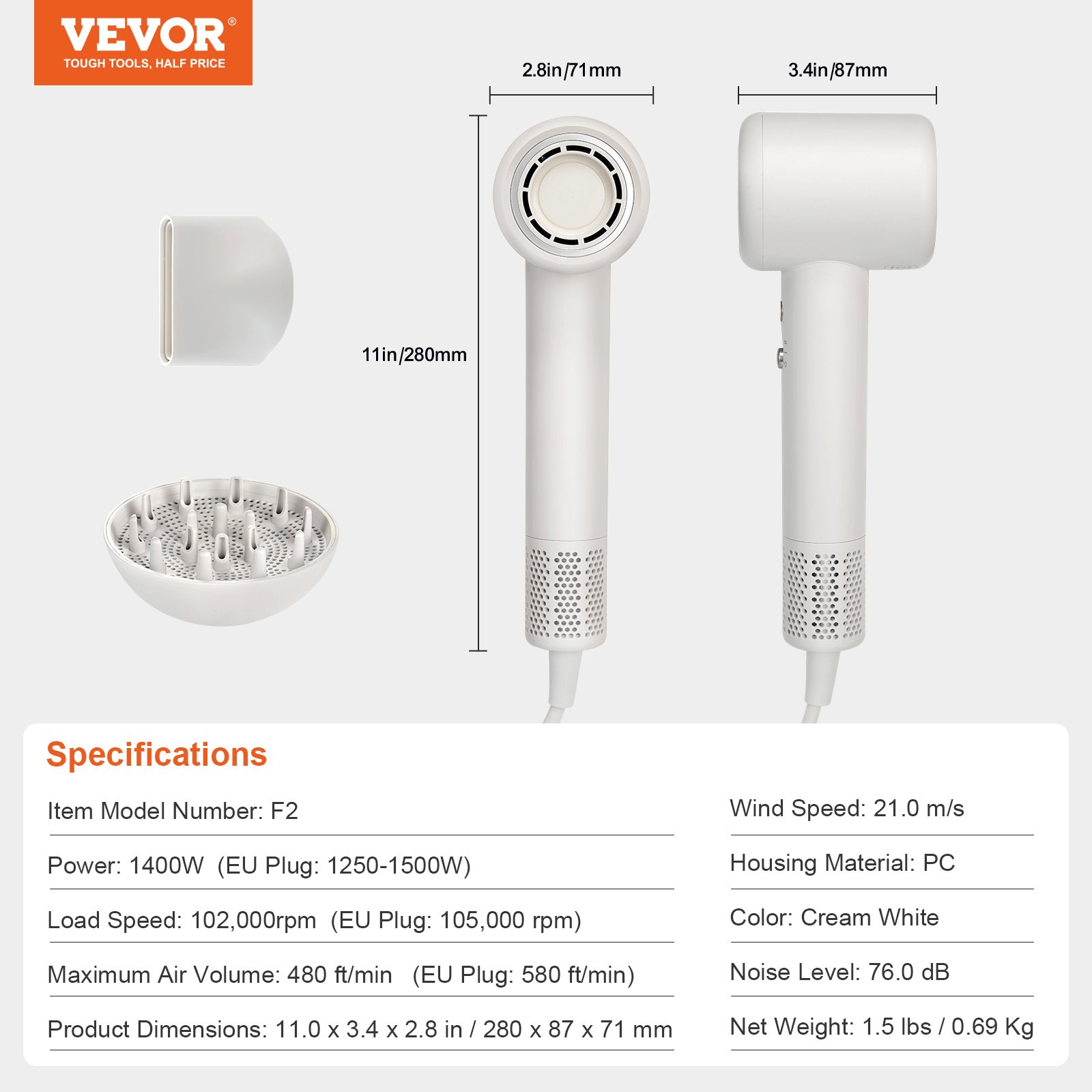 VEVOR High - Speed Hair Dryer with 102,000RPM Brushless Motor, 200 Million Negative Ions Hair Blow Dryer, 3 - Color Temp LED Lights & 2 Speeds, Lightweight Hairdryer with Diffuser & Nozzle for Home Travel - GNS Beauty & Personal Care