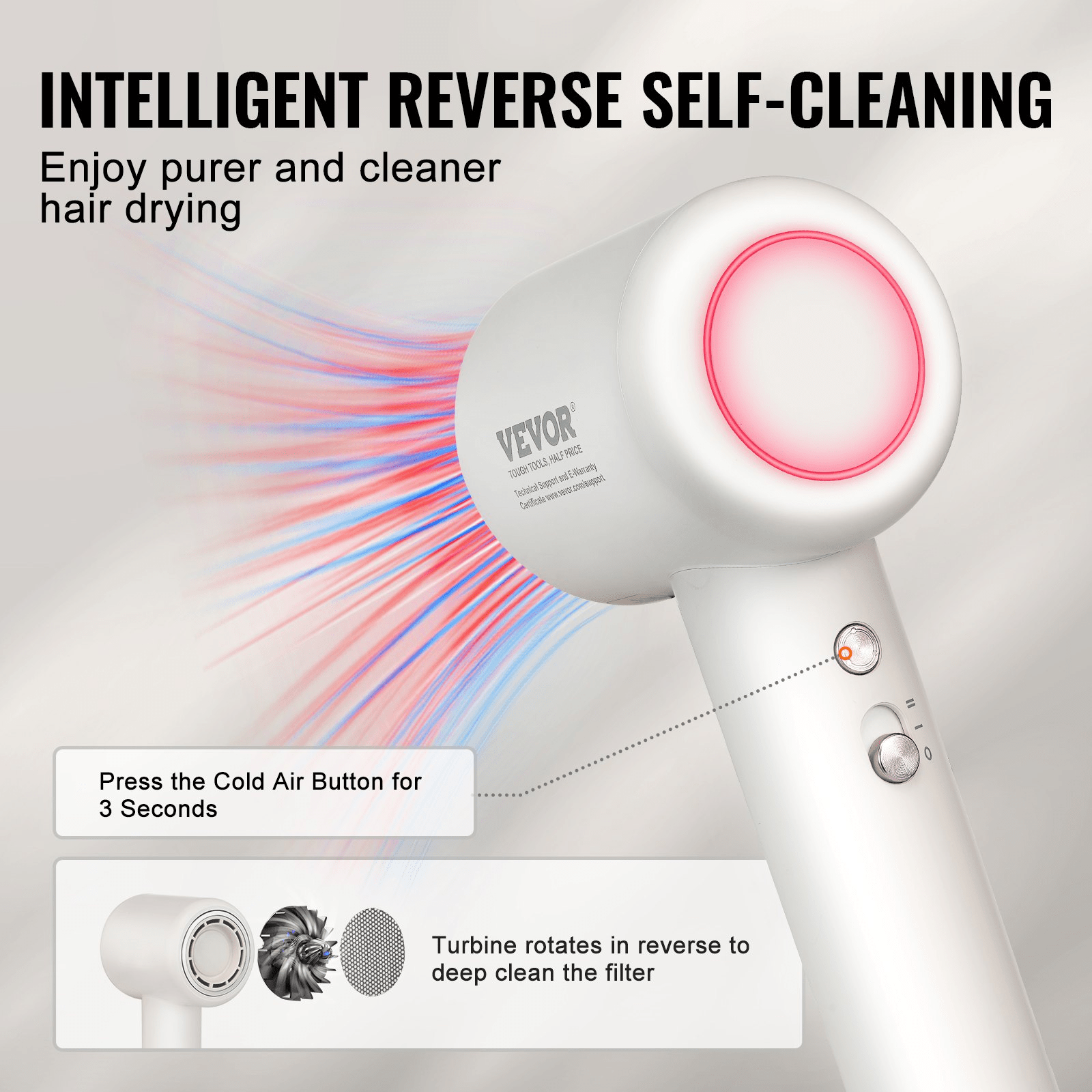 VEVOR High - Speed Hair Dryer with 102,000RPM Brushless Motor, 200 Million Negative Ions Hair Blow Dryer, 3 - Color Temp LED Lights & 2 Speeds, Lightweight Hairdryer with Diffuser & Nozzle for Home Travel - GNS Beauty & Personal Care