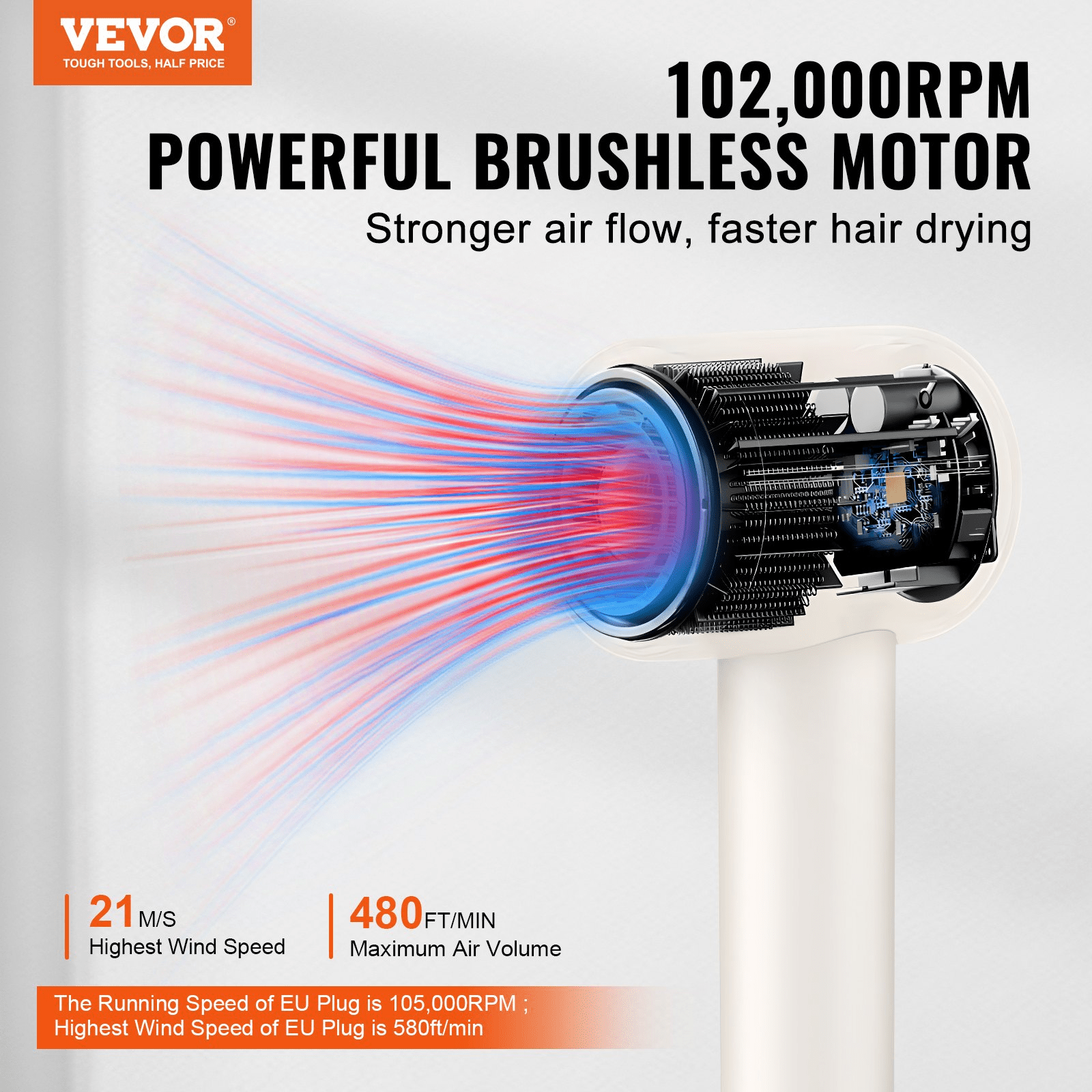 VEVOR High - Speed Hair Dryer with 102,000RPM Brushless Motor, 200 Million Negative Ions Hair Blow Dryer, 3 - Color Temp LED Lights & 2 Speeds, Lightweight Hairdryer with Diffuser & Nozzle for Home Travel - GNS Beauty & Personal Care