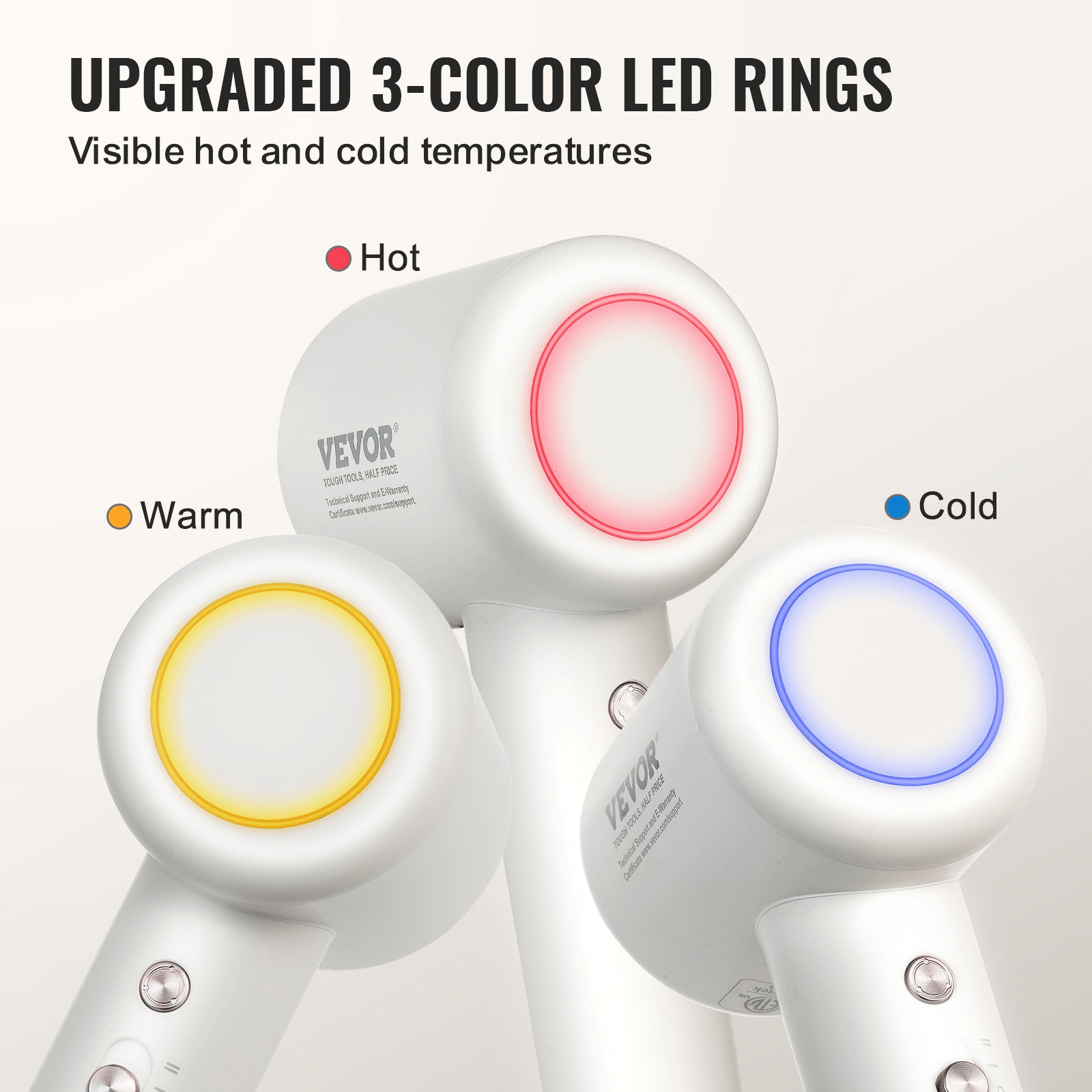 VEVOR High - Speed Hair Dryer with 102,000RPM Brushless Motor, 200 Million Negative Ions Hair Blow Dryer, 3 - Color Temp LED Lights & 2 Speeds, Lightweight Hairdryer with Diffuser & Nozzle for Home Travel - GNS Beauty & Personal Care