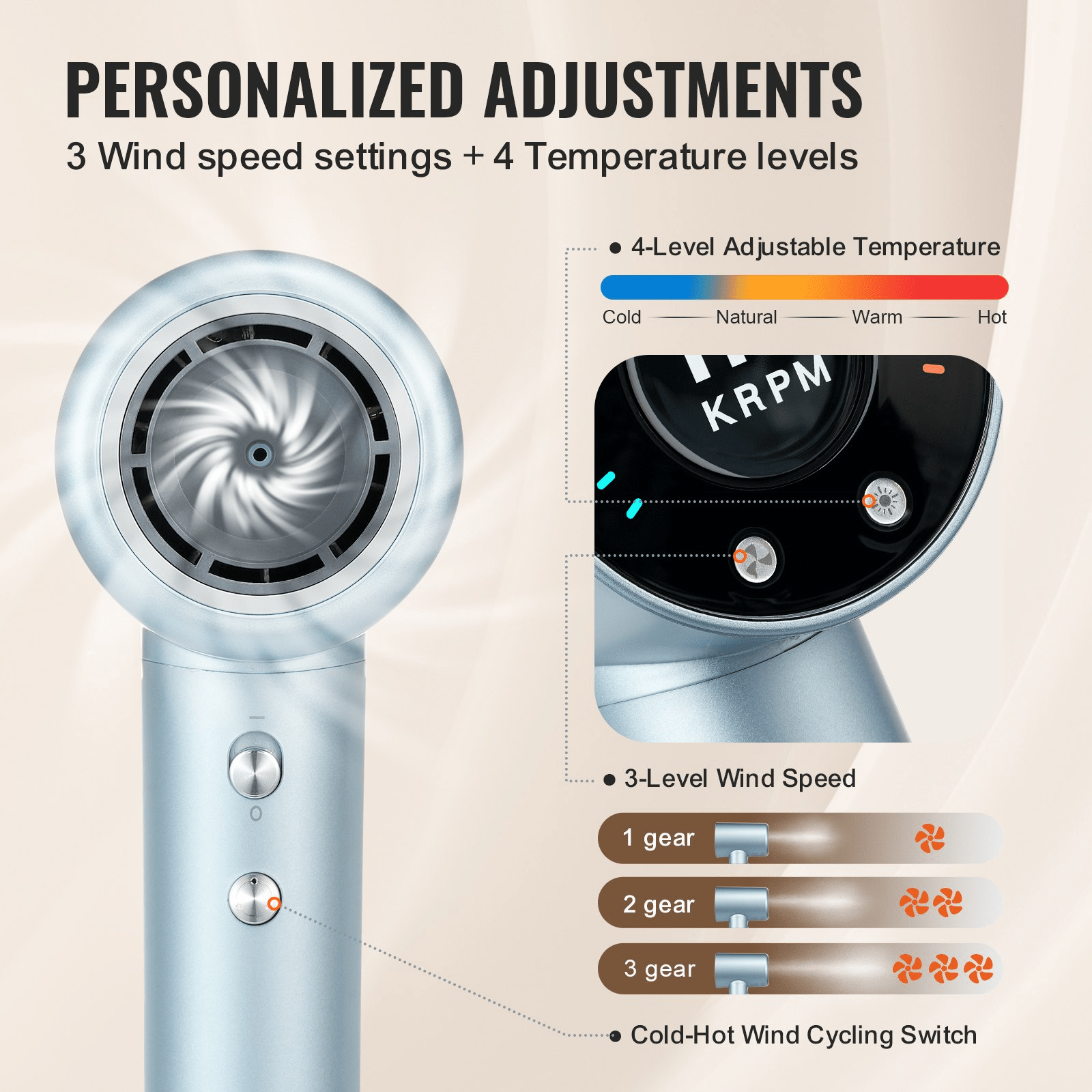 VEVOR High - Speed Hair Dryer with 105,000RPM Brushless Motor, 200 Million Negative Ions Hair Blow Dryer, 4 Temps & 3 Speeds, LCD Display Thermo - Control Hairdryer with Diffuser & Nozzle for Home Travel - GNS Beauty & Personal Care