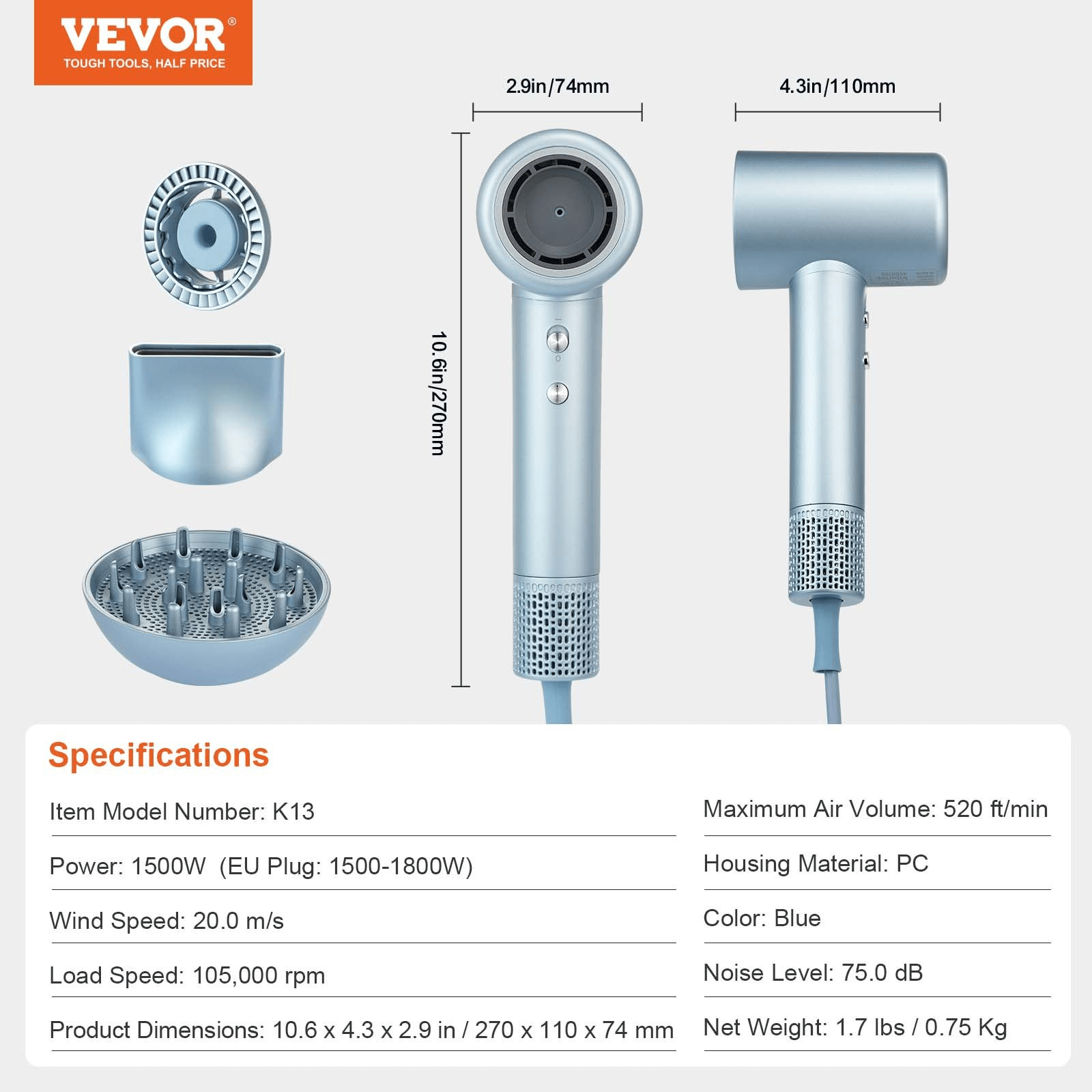 VEVOR High - Speed Hair Dryer with 105,000RPM Brushless Motor, 200 Million Negative Ions Hair Blow Dryer, 4 Temps & 3 Speeds, LCD Display Thermo - Control Hairdryer with Diffuser & Nozzle for Home Travel - GNS Beauty & Personal Care