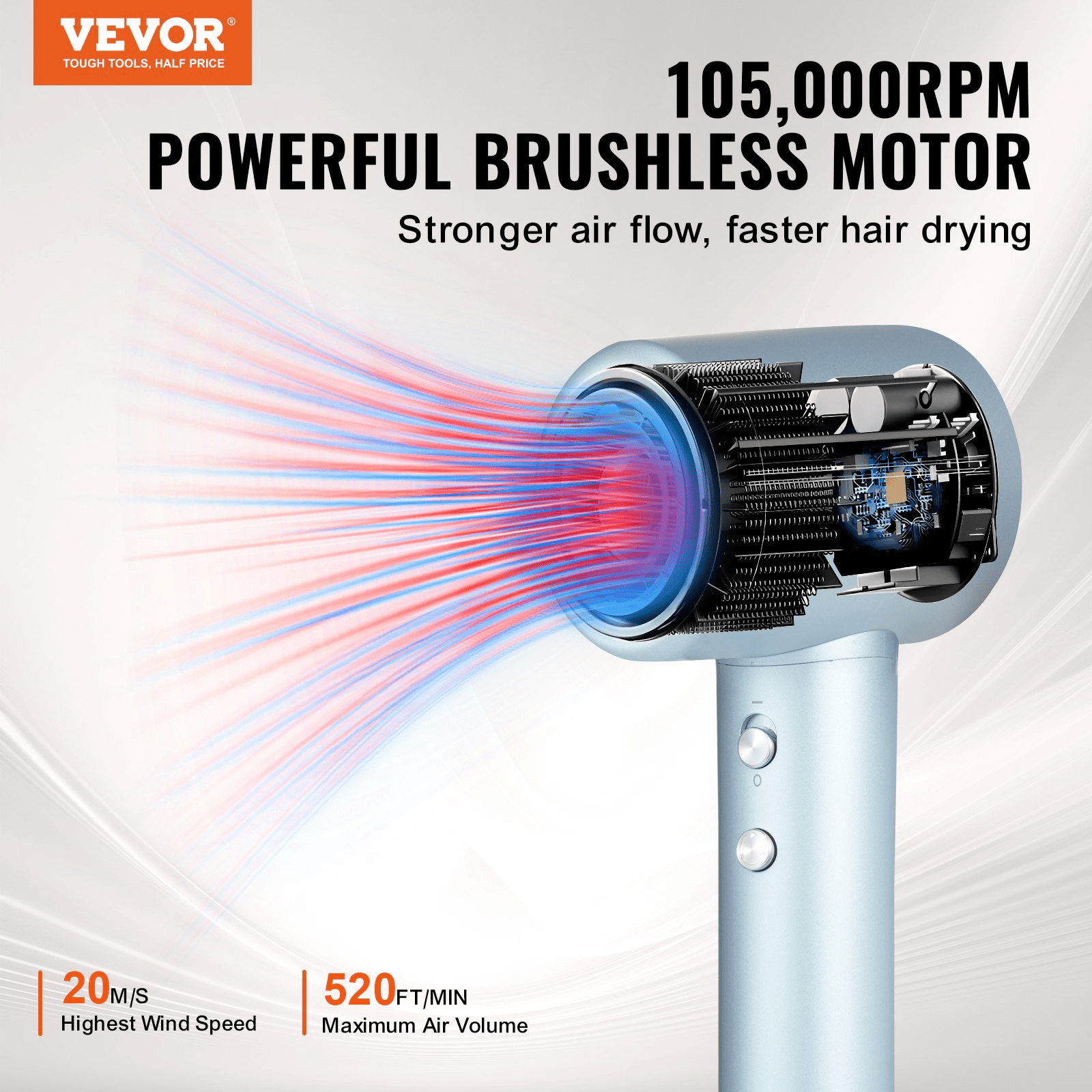 VEVOR High - Speed Hair Dryer with 105,000RPM Brushless Motor, 200 Million Negative Ions Hair Blow Dryer, 4 Temps & 3 Speeds, LCD Display Thermo - Control Hairdryer with Diffuser & Nozzle for Home Travel - GNS Beauty & Personal Care