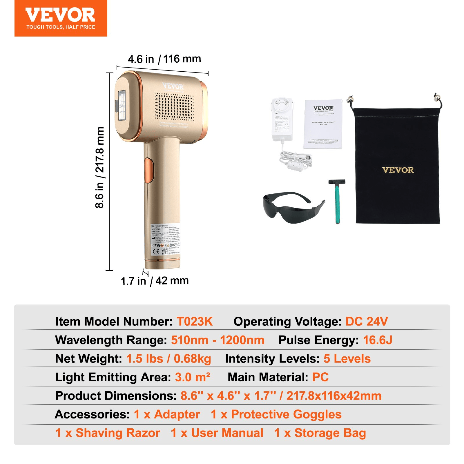 VEVOR IPL Hair Removal Device with Sapphire Ice Cooling, Auto/Manual Modes & 5 Levels for Body & Face - GNS Beauty & Personal Care
