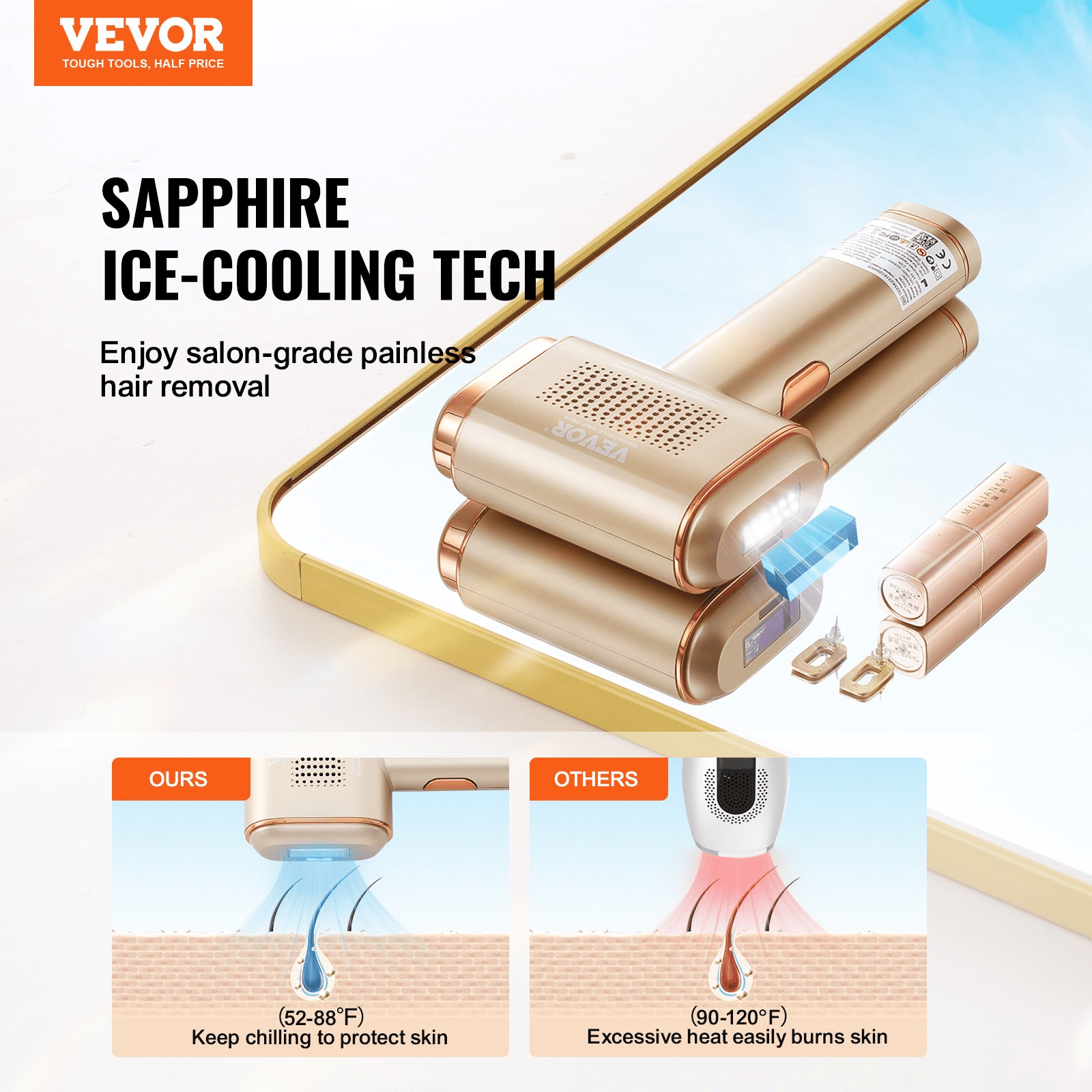 VEVOR IPL Hair Removal Device with Sapphire Ice Cooling, Auto/Manual Modes & 5 Levels for Body & Face - GNS Beauty & Personal Care