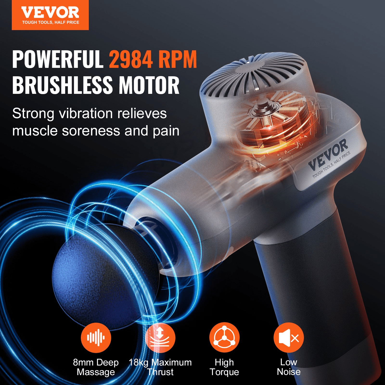 VEVOR Massage Gun Deep Tissue, Percussion Muscle Massager for Athletes - with 5 Speed Levels & 6 Massage Heads, 7.4V 2500mAh Batteries, Handheld Electric Massage Gun for Pain Relief, Muscle Relaxation - GNS Beauty & Personal Care