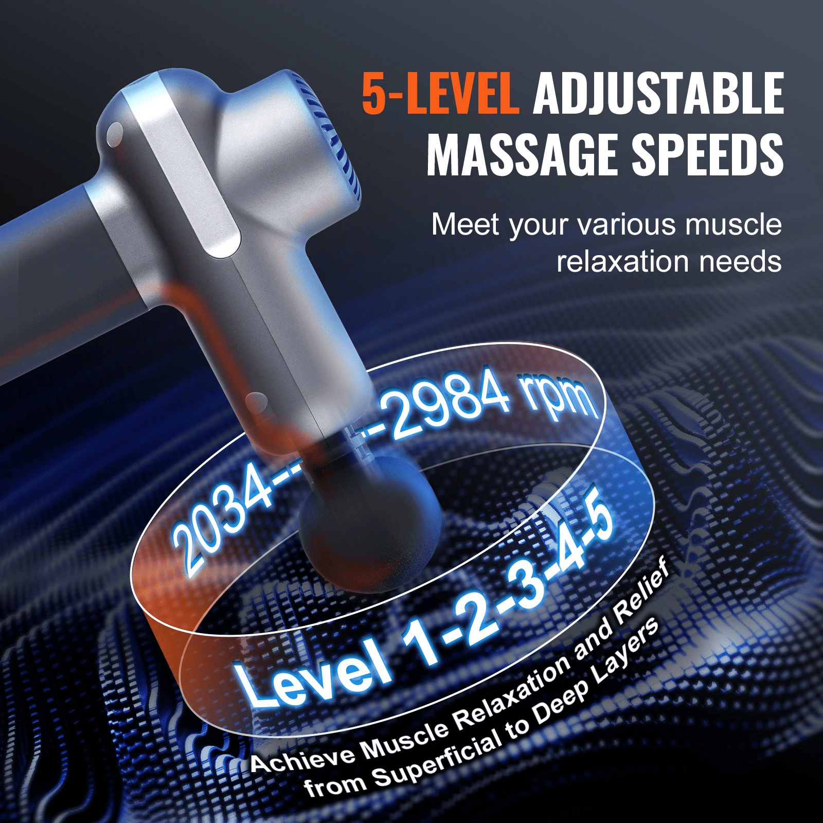 VEVOR Massage Gun Deep Tissue, Percussion Muscle Massager for Athletes - with 5 Speed Levels & 6 Massage Heads, 7.4V 2500mAh Batteries, Handheld Electric Massage Gun for Pain Relief, Muscle Relaxation - GNS Beauty & Personal Care