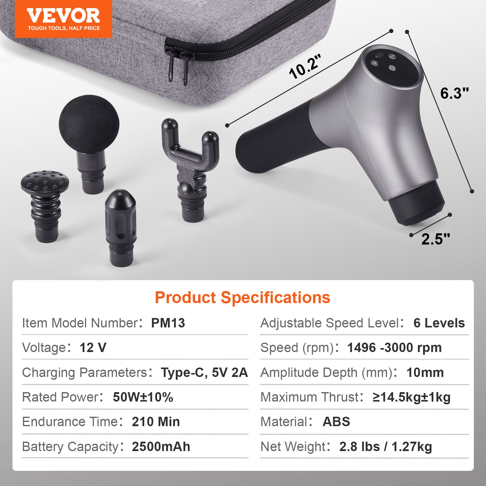 VEVOR Massage Gun Deep Tissue, Percussion Muscle Massager for Athletes - with 6 Speed Levels & 4 Massage Heads, 12V 2500mAh Batteries, Handheld Electric Massage Gun for Pain Relief, Muscle Relaxation - GNS Beauty & Personal Care