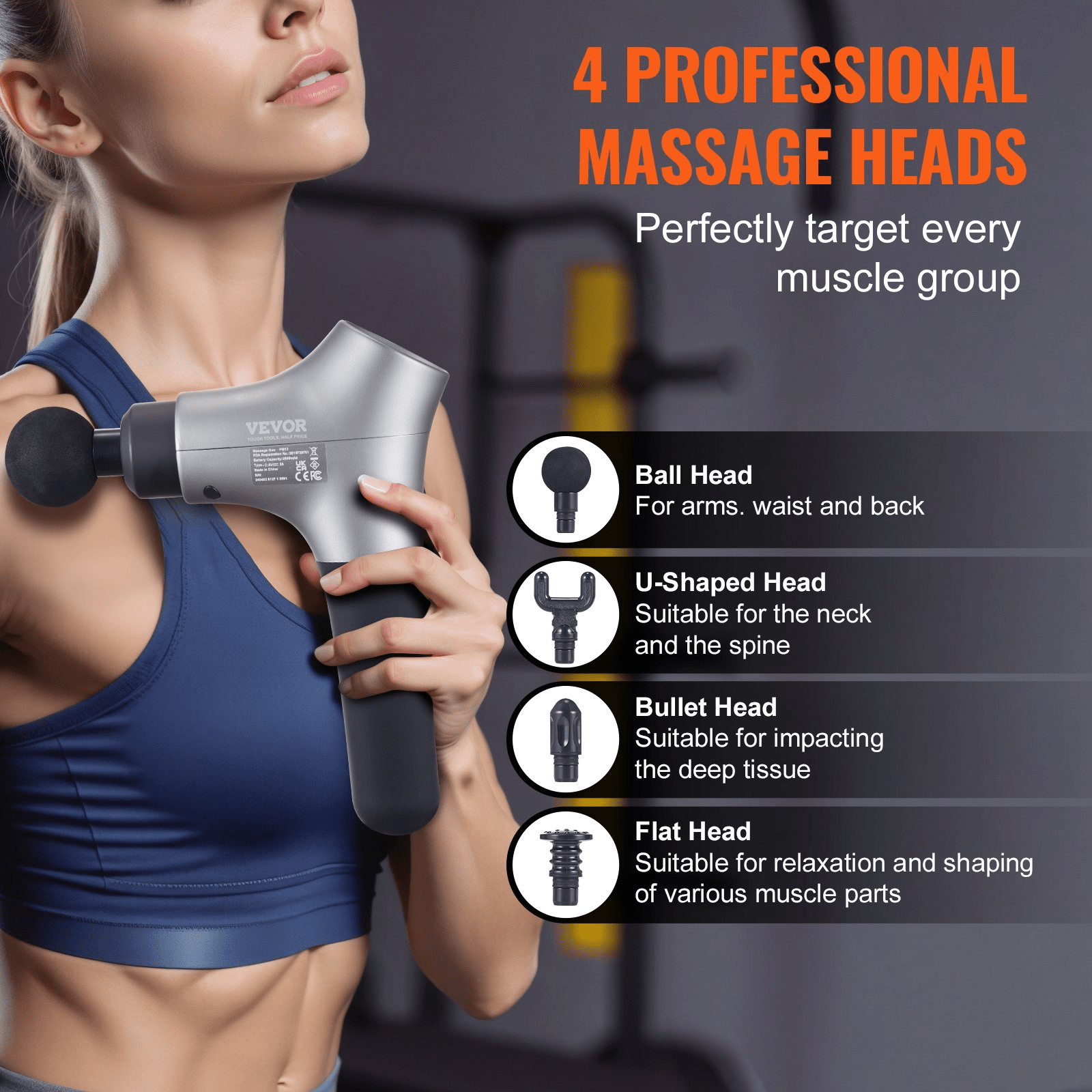 VEVOR Massage Gun Deep Tissue, Percussion Muscle Massager for Athletes - with 6 Speed Levels & 4 Massage Heads, 12V 2500mAh Batteries, Handheld Electric Massage Gun for Pain Relief, Muscle Relaxation - GNS Beauty & Personal Care
