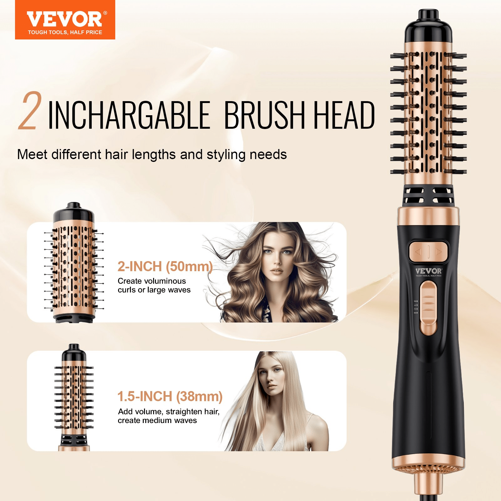 VEVOR Rotating Hair Dryer Brush Hot Air Styling Brush with 1.5" and 2" Head - GNS Beauty & Personal Care
