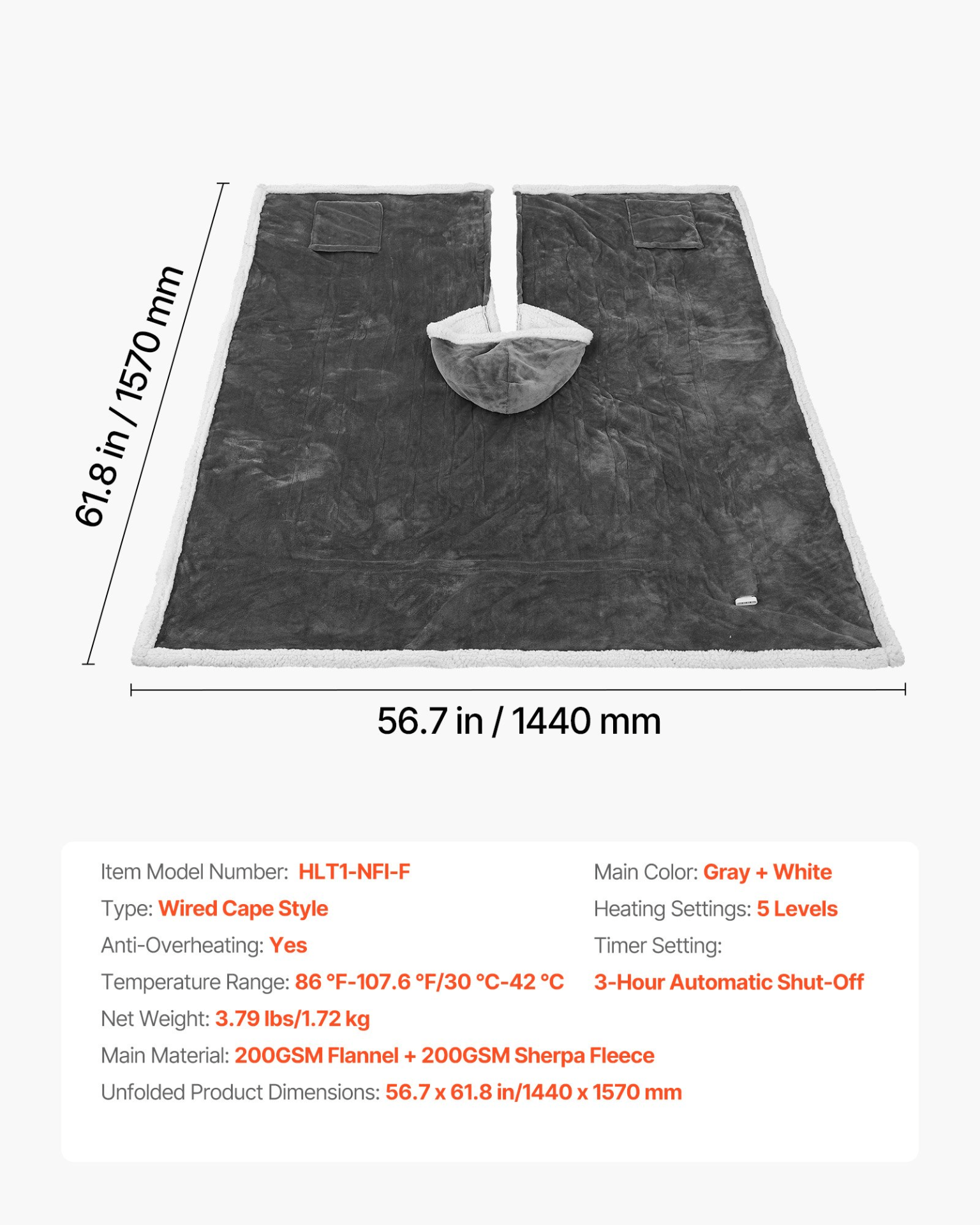 VEVOR Wearable Heated Throw Blanket Electric Shawl, Portable Robe Blanket Hoodie for Women, 5 Heating Levels, 3H Auto Shut - Off, Overheat Protection,Winter for Adult Mom Girlfriend,Machine Washable - GNS Beauty & Personal Care