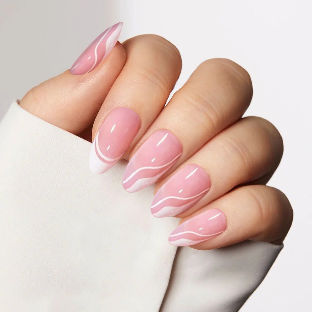 White Swirl Almond Nails – Soft Gel Press - On Kit for a Chic, Polished Look - GNS Beauty & Personal Care