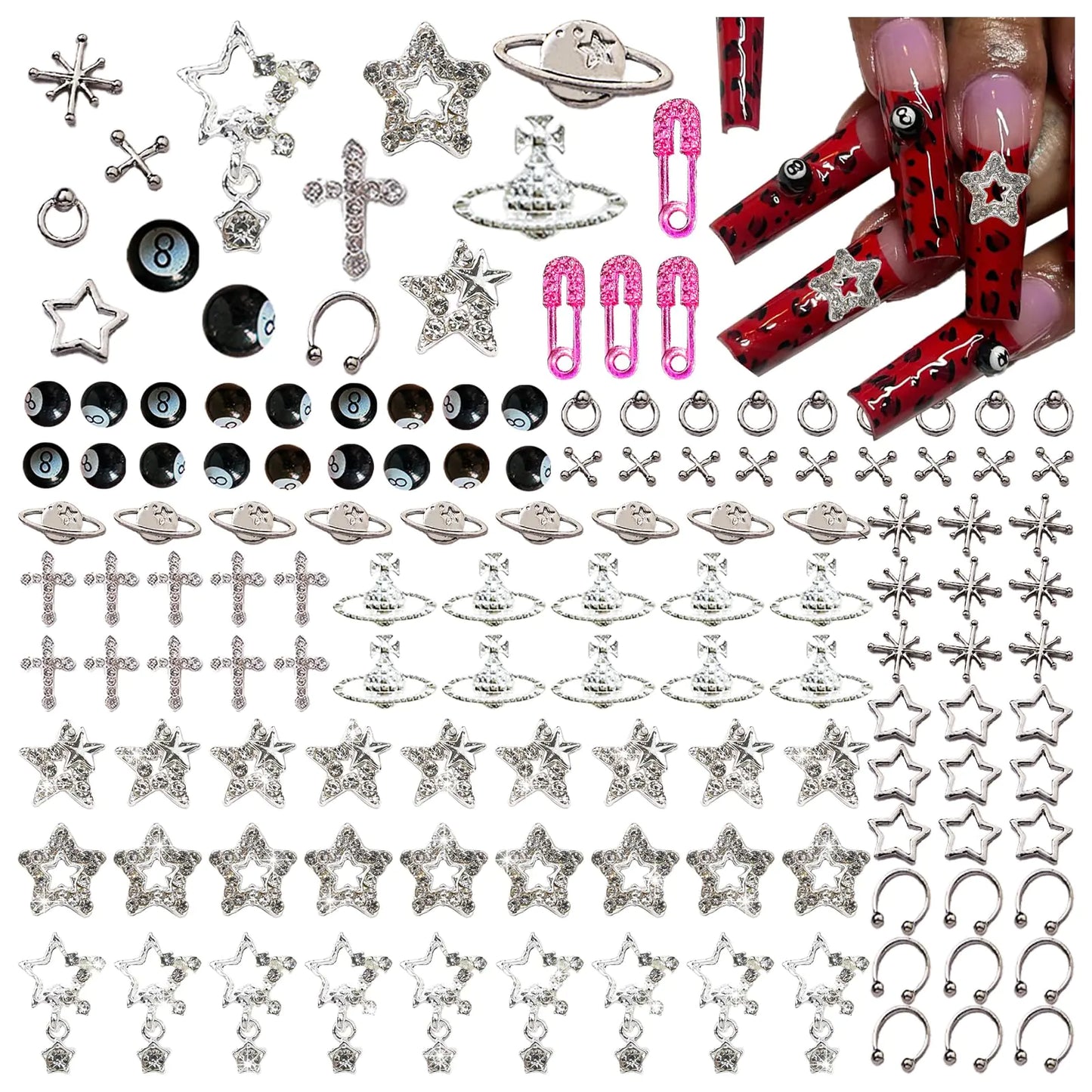 134PCS Acrylic Nail Charms - Silver Star, Planet & More